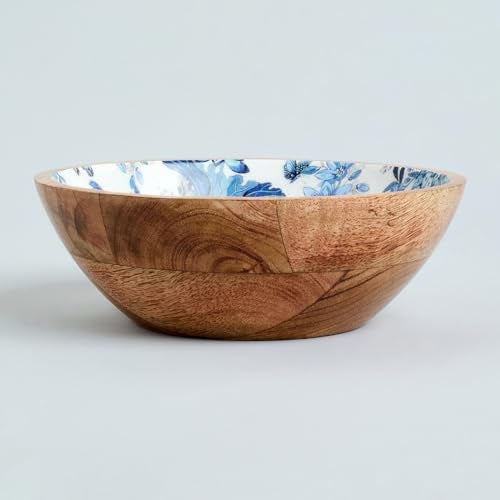 SAAGA Printed Mango Wood Mixing Bowl – 8x2.5 Inch Large Stylish Wooden Bowl for Salad, Fruits, Snacks, Curries & More - White and Mazarine Blue - Image 4