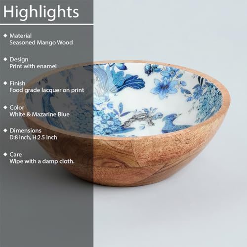 SAAGA Printed Mango Wood Mixing Bowl – 8x2.5 Inch Large Stylish Wooden Bowl for Salad, Fruits, Snacks, Curries & More - White and Mazarine Blue - Image 3
