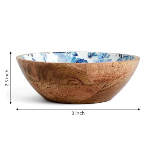 SAAGA Printed Mango Wood Mixing Bowl – 8x2.5 Inch Large Stylish Wooden Bowl for Salad, Fruits, Snacks, Curries & More - White and Mazarine Blue - Image 5