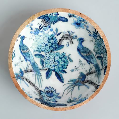 SAAGA Printed Mango Wood Mixing Bowl – 8x2.5 Inch Large Stylish Wooden Bowl for Salad, Fruits, Snacks, Curries & More - White and Mazarine Blue - Image 2