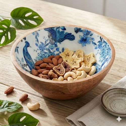 SAAGA Printed Mango Wood Mixing Bowl – 8x2.5 Inch Large Stylish Wooden Bowl for Salad, Fruits, Snacks, Curries & More - White and Mazarine Blue - Image 1