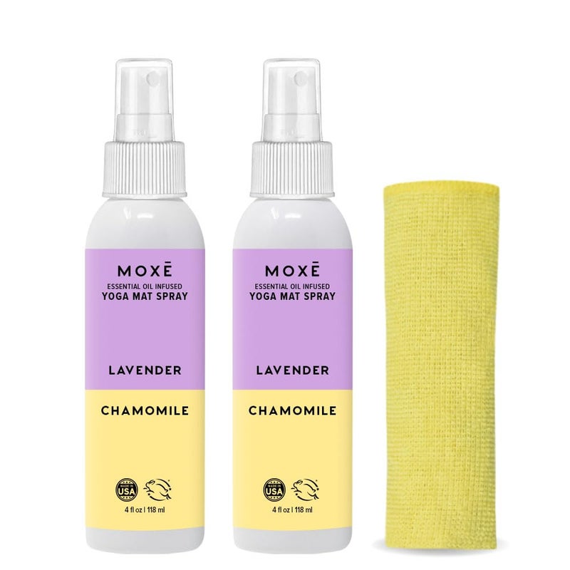 MOXE Yoga Mat Cleaner Spray  Lavender & Chamomile Essential Oil  Safe for All Mats & Exercise Equipment  Odor & Sweat Protection  Includes Microfiber Cleaning Towel  4 Oz (2 Pack) - Image 1