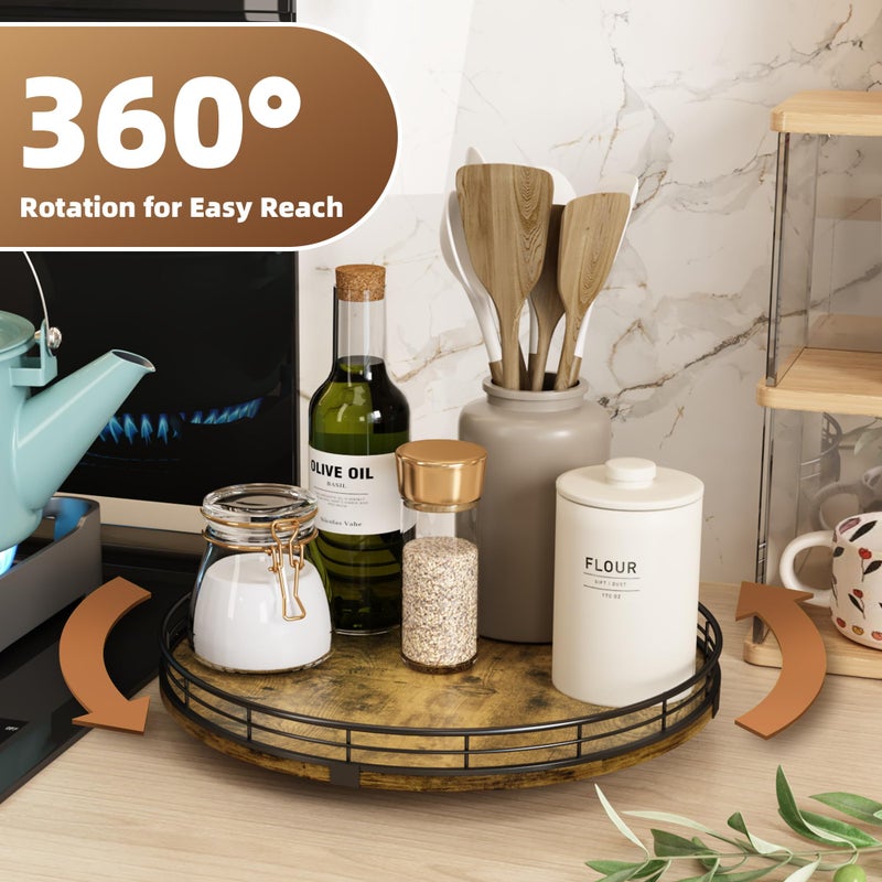 HGF Lazy Susan Turntable Organizer for Table Top, 12â€™â€™ Round Wooden Lazy Susan for Cabinet Kitchen Countertop Pantry Dining Coffee Table for Condiments Spices, Rustic Bathroom Vanity Tray for Soap Candle - Image 3