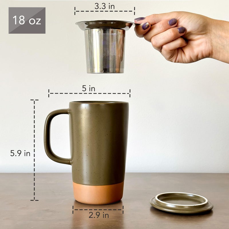 MORA CERAMICS HIT PAUSE Mora Ceramics Large Tea Mug with Loose Leaf Infuser and Ceramic Lid, 18 oz, Portable, Microwave and Dishwasher Safe, Tall Coffee Cup - Rustic Matte Ceramic Glaze, Modern Herbal Tea Strainer, Olive - Image 3
