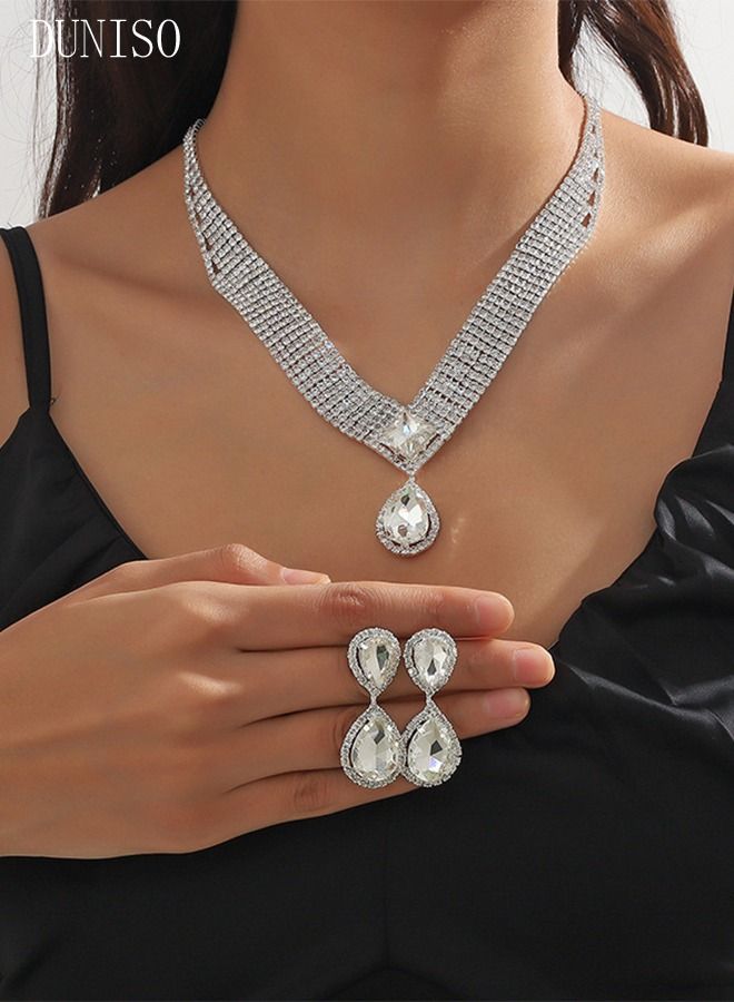 DUNISO 3Piece Jewelry Set With Necklace Bracelet and Earrings Full Diamond V Neck Necklace Crystal Earrings Wedding Bridal Bridesmaid Costume Jewelry Set for Women and Girls Dress Accessories - Image 2