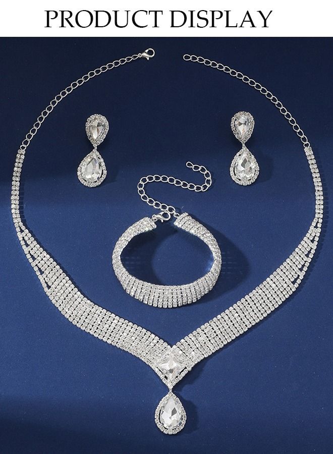 DUNISO 3Piece Jewelry Set With Necklace Bracelet and Earrings Full Diamond V Neck Necklace Crystal Earrings Wedding Bridal Bridesmaid Costume Jewelry Set for Women and Girls Dress Accessories - Image 5