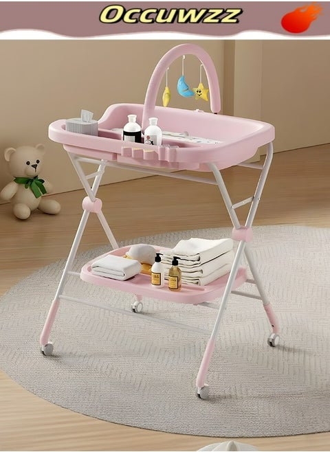 Baby Diaper Changing Tables Folding Diaper Table with Toy Shelf Portable Diaper Changing Station Adjustable Height Baby Changing Table with Wheels