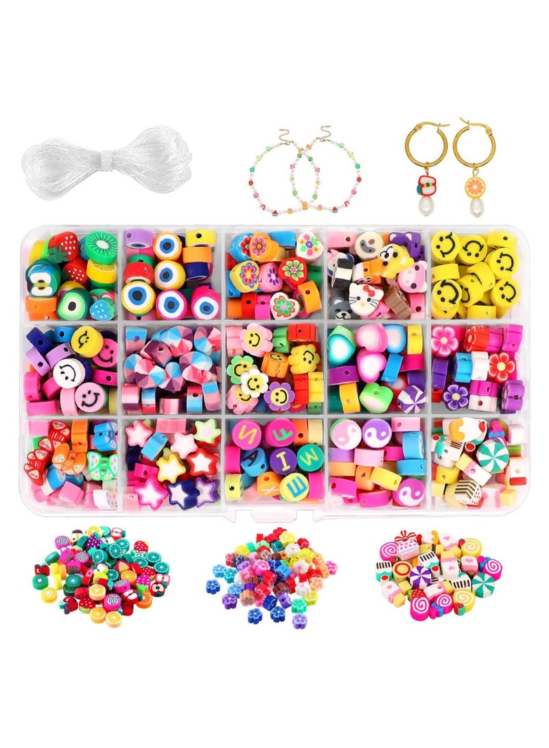 كابتن تيك Handmade Polymer Clay Beads 300PCS Fruit Smiley Beads 15 Styles Flower Letter Soft Beads for Women Girls Jewelry Making DIY Bracelet Necklace Earring Accessories with 4m Crystal Elastic String - Image 1