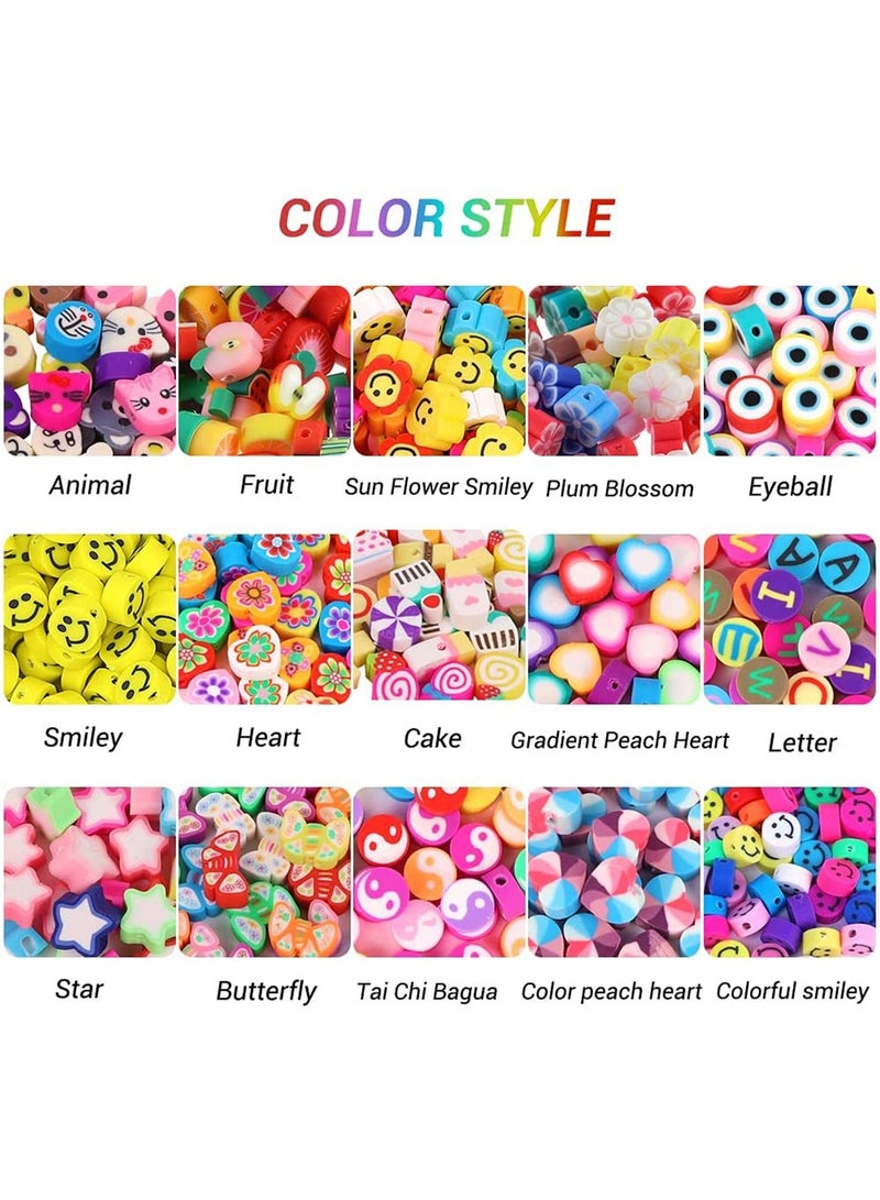 كابتن تيك Handmade Polymer Clay Beads 300PCS Fruit Smiley Beads 15 Styles Flower Letter Soft Beads for Women Girls Jewelry Making DIY Bracelet Necklace Earring Accessories with 4m Crystal Elastic String - Image 3
