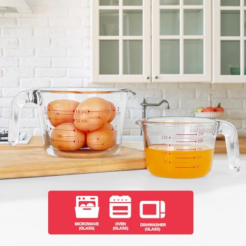 KOMUEE 4 Piece Glass Measuring Cups Set, 5 Oz, 1-Cup, 2-Cup, 4-Cup Liquid Measuring Cups with Lids for Kitchen, Freezer and Microwave Safe - Image 2