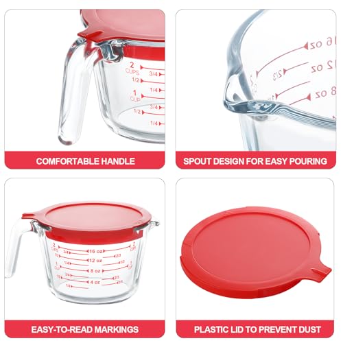 KOMUEE 4 Piece Glass Measuring Cups Set, 5 Oz, 1-Cup, 2-Cup, 4-Cup Liquid Measuring Cups with Lids for Kitchen, Freezer and Microwave Safe - Image 3