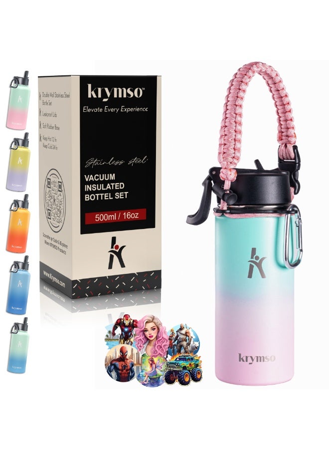 KRYMSO 500ml Water Bottle, Stainless Steel Water Bottle, Water Bottle for Kids Water Bottle with Straw, Thermos, Insulated Water Bottle, Water 500ml with Ai Stickers - Image 1