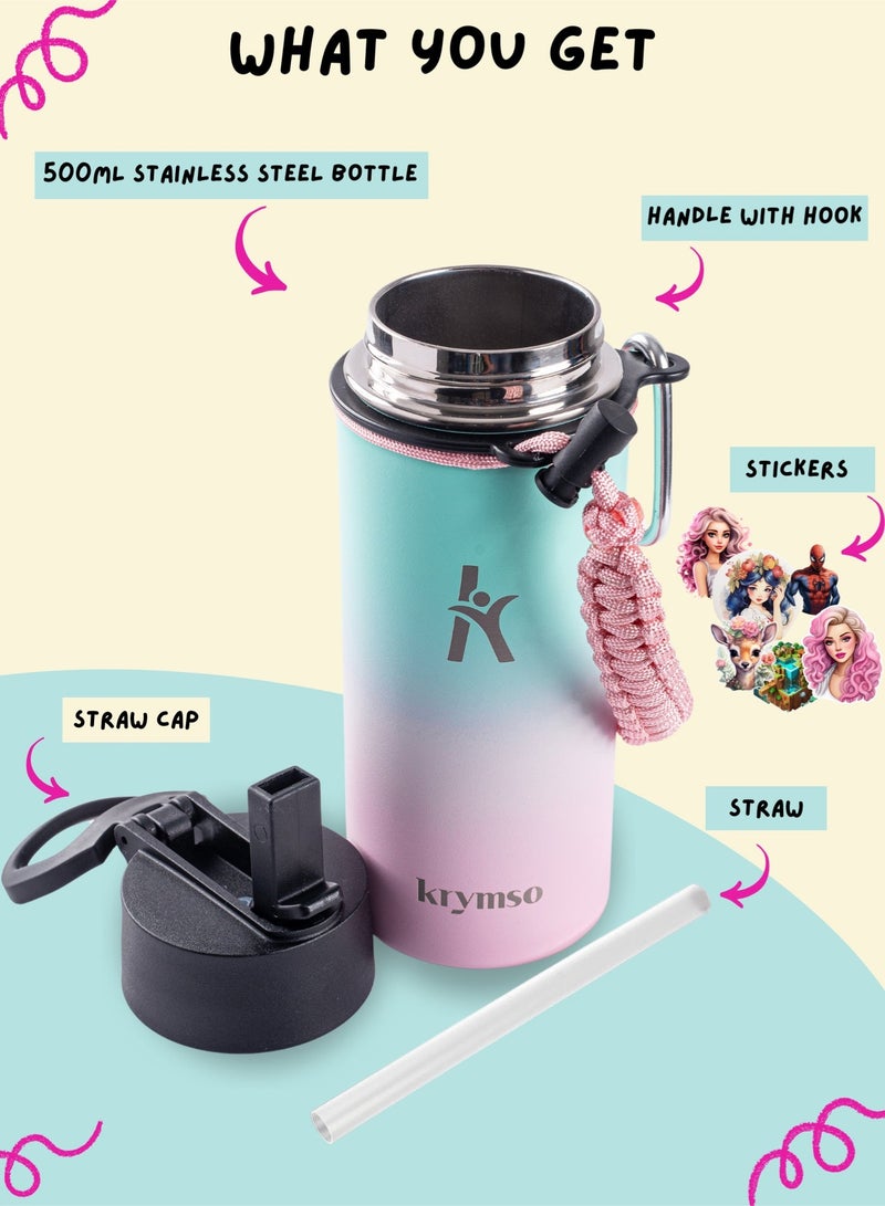 KRYMSO 500ml Water Bottle, Stainless Steel Water Bottle, Water Bottle for Kids Water Bottle with Straw, Thermos, Insulated Water Bottle, Water 500ml with Ai Stickers - Image 4