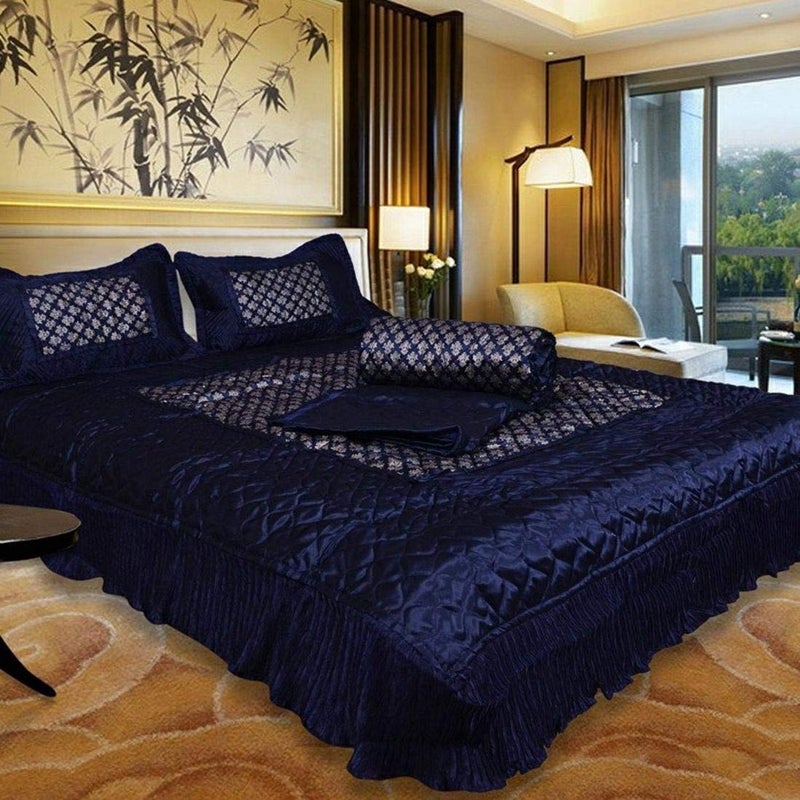 ManavRachit Satin Gold Printed 310 TC Wedding Bedding Set(Bedsheet with 2 Pillow Covers & 1 AC Comforter) for Home & Living Room(Blue, Set of 4pc)(Butti Print) - Image 1