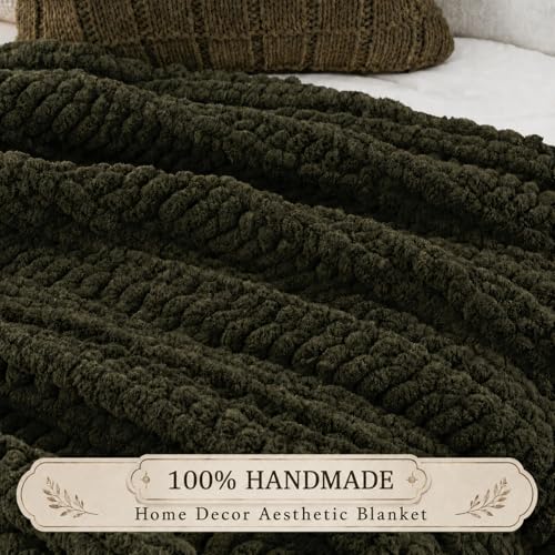 Battilo Chunky Knit Throw Blanket for Couch, 100% Hand Made Chenille Throw Blanket, Super Soft Warm Cozy Olive Green Blanket for Bed, Sofa, Living Room, 50"x60" - Image 2