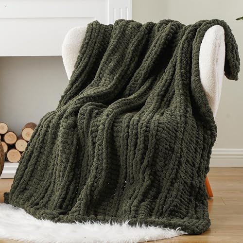 Battilo Chunky Knit Throw Blanket for Couch, 100% Hand Made Chenille Throw Blanket, Super Soft Warm Cozy Olive Green Blanket for Bed, Sofa, Living Room, 50"x60" - Image 1