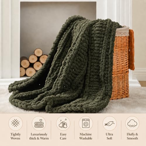 Battilo Chunky Knit Throw Blanket for Couch, 100% Hand Made Chenille Throw Blanket, Super Soft Warm Cozy Olive Green Blanket for Bed, Sofa, Living Room, 50"x60" - Image 4