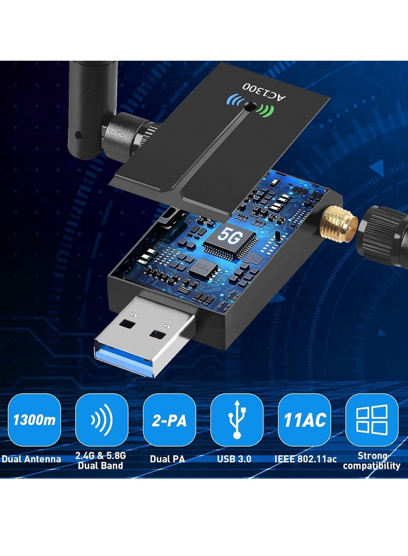 KASTWAVE Wifi Dongle, High Speed Internet 2.4/5.8GHz 1300Mbps Dual Band Wireless USB Wifi Adapter for PC/Desktop/Laptop/Tablet, Support Windows 11/10/8/7/Vista/XP, Mac OS - Image 2