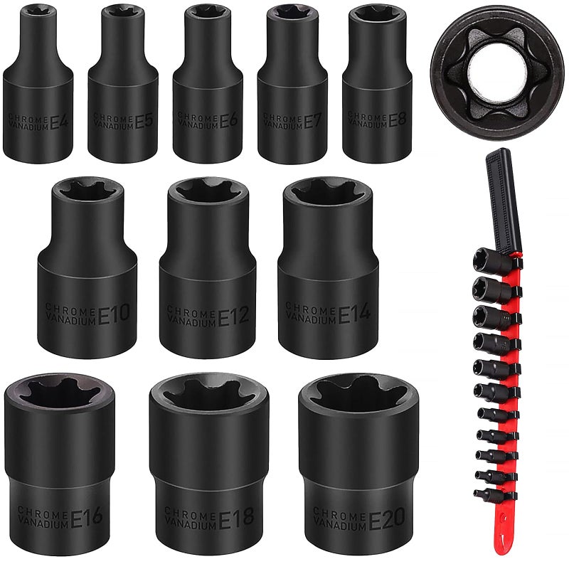 SEDY 11-Piece E-Torx Socket Set - Star Socket Set with Socket Rail, External Torx Socket with Socket Organizer, External Torx Socket Set, E4 E5 E6 E7 E8 E10 E12 E14 E16 E18 E20 Reverse Torx Socket Set - Image 1
