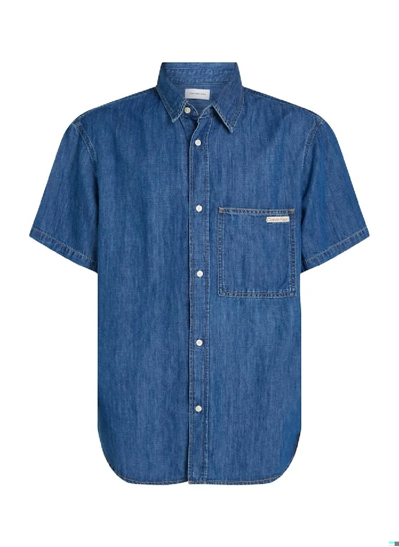 Calvin Klein Jeans Men's Denim Short Sleeve Shirt - Cotton Blend, Blue