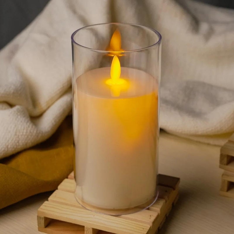 CHRONOS Chronos Acrylic Glass LED Moving Flame Pillar Candle Battery Operated Flameless Smokeless Realistic Flickering Warm White Light for Home Decor Diwali and Christmas 5 Inch  - Image 1
