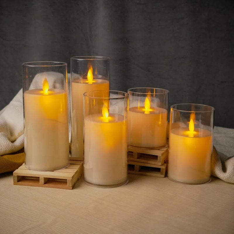 CHRONOS Chronos Acrylic Glass LED Moving Flame Pillar Candle Battery Operated Flameless Smokeless Realistic Flickering Warm White Light for Home Decor Diwali and Christmas 5 Inch  - Image 3