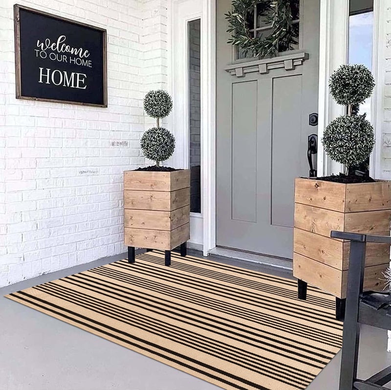 BUAGETUP Outdoor Rug 3'x 5',Tan Striped Washable Area Rug Hand-Woven Cotton Rug Indoor/Outdoor Area Rug Floor Mat for Farmhouse Living Room Bedroom - Image 5