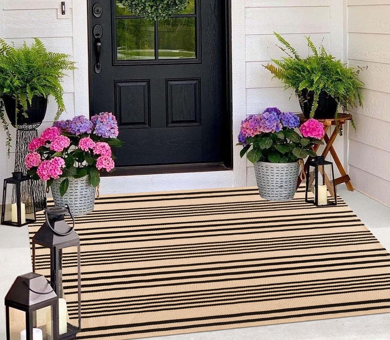 BUAGETUP Outdoor Rug 3'x 5',Tan Striped Washable Area Rug Hand-Woven Cotton Rug Indoor/Outdoor Area Rug Floor Mat for Farmhouse Living Room Bedroom - Image 1