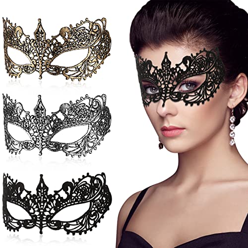 PATPAT® 3Pcs Masquerade Masks for Women Lace Eye Mask Face Mask, Women Halloween Mask Lady Girl Party Masks for Party Masquerade Halloween Costume(Black+Gold+Silver) - Image 1