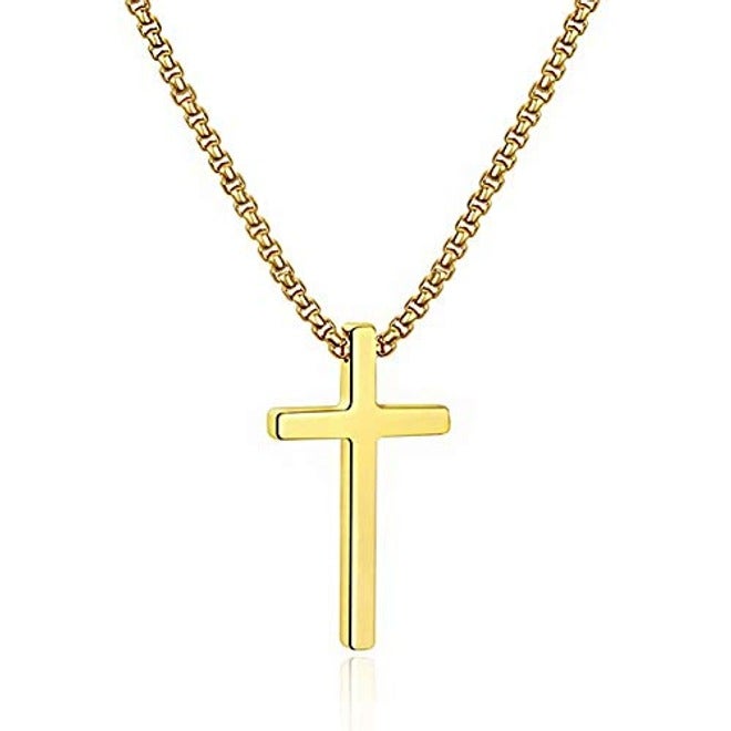 M MOOHAM Cross Necklace for Men & Teen Boys | Stainless Steel Cross Pendant Chain in Silver, Gold Cross Pendant 1.2"x0.7", Gold | 16-30 Inch Adjustable Length | Religious Jewelry Gift