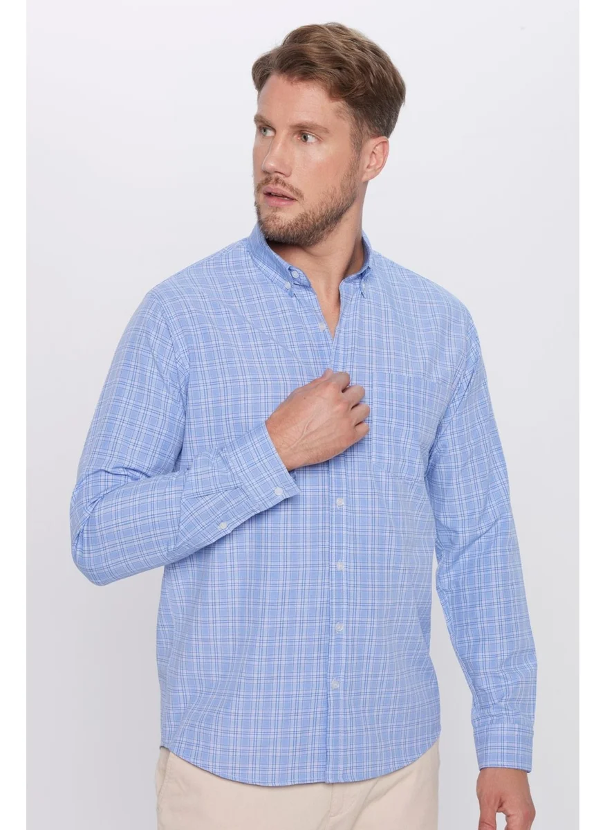تودورس Men's Classic Fit Regular Cut Cotton Checked Button-Down Collar Shirt