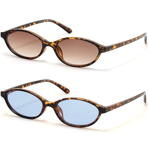 ViewJoy Retro Oval Cat Eye Sunglasses for Women Small Y2K Thin Narrow 100% UV Protection Lightweight Vintage 90s Slim Tortoise Sun Glasses 2 Pack - Image 1
