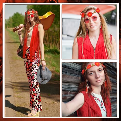Leumoi 5 Pcs 60s 70s Costume for Women Disco Outfits Hippie Accessories Fringe Vest Boho Flared Pants Set for Halloween(X-Large,Stylish) - Image 5