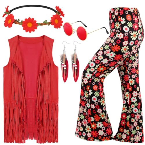 Leumoi 5 Pcs 60s 70s Costume for Women Disco Outfits Hippie Accessories Fringe Vest Boho Flared Pants Set for Halloween(X-Large,Stylish) - Image 1