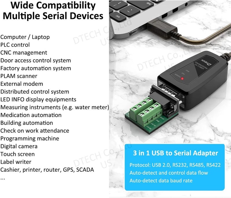 D-tech USB to Serial Adapter RS485 RS422 R232 (3 in 1 Interface) Supports DC 5V with Breakout Board LED Lights for Multi-Kind Control Devices Windows 11 10 8 7 XP Mac (1.5M (3 in 1 Interface)) - Image 3
