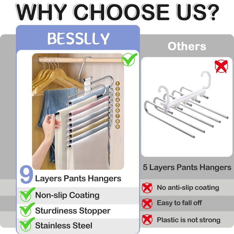 Besslly Upgrade 9 Layers Pants Hangers Space Saving  Non Slip Stainless Steel Multifunctional Pants Rack S-Type Clothes Pant Closet Hanger Organizer For Pants Jeans Trousers Scarf Skirts(4 Pack  Antiquewhite) - Image 2