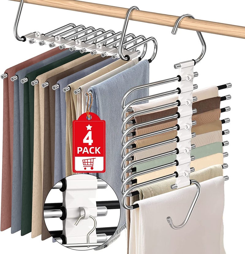Besslly Upgrade 9 Layers Pants Hangers Space Saving  Non Slip Stainless Steel Multifunctional Pants Rack S-Type Clothes Pant Closet Hanger Organizer For Pants Jeans Trousers Scarf Skirts(4 Pack  Antiquewhite) - Image 1