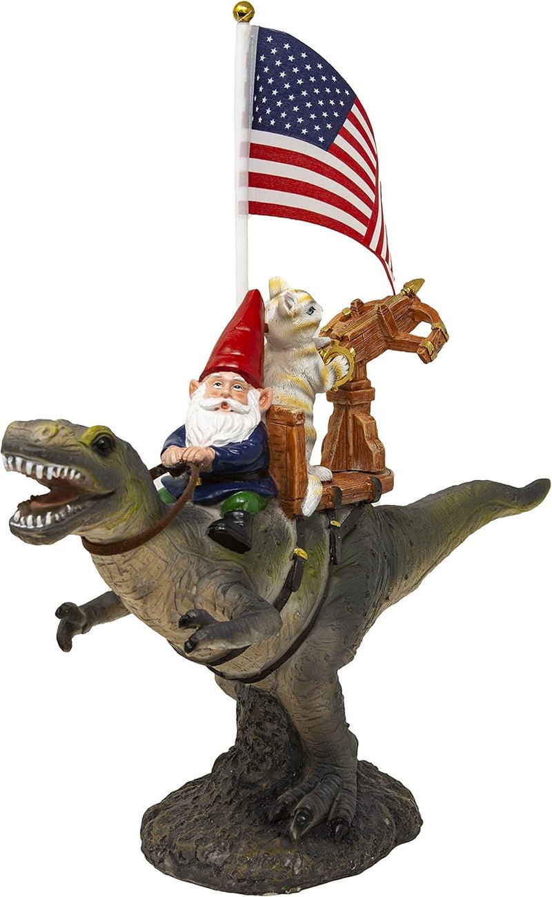 Funny Guy Mugs Garden Gnome Statue - T-Rex Fellowship - Indoor/Outdoor Garden Gnome Sculpture for Patio, Yard or Lawn - Image 1