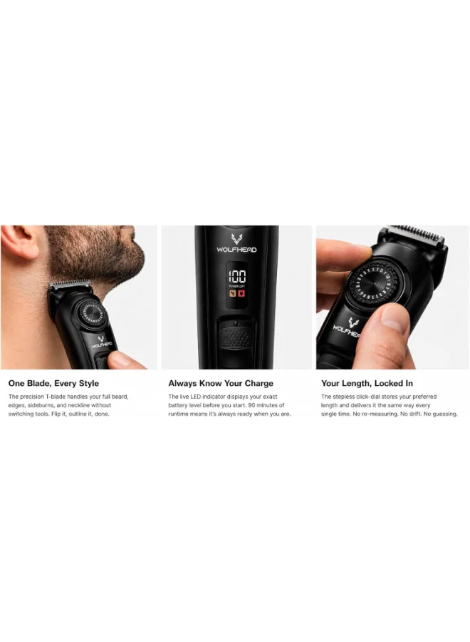 Wolfhead  Wolfhead Premium Men'S Beard Trimmer, 20 Length Adjustable Blade Wheel, Stainless Steel T-Blade For Precision Facial Hair Trimming, Cordless Waterproof Wet/Dry Clipper for Men | Best Price UAE
