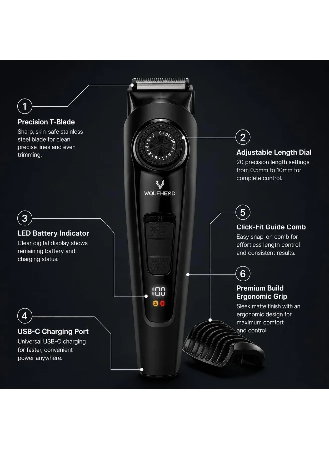 Wolfhead Wolfhead Premium Men'S Beard Trimmer, 20 Length Adjustable Blade Wheel, Stainless Steel T-Blade For Precision Facial Hair Trimming, Cordless Waterproof Wet/Dry Clipper