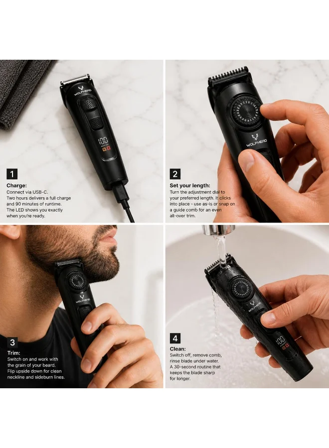 Wolfhead  Wolfhead Premium Men'S Beard Trimmer, 20 Length Adjustable Blade Wheel, Stainless Steel T-Blade For Precision Facial Hair Trimming, Cordless Waterproof Wet/Dry Clipper for Men | Best Price UAE
