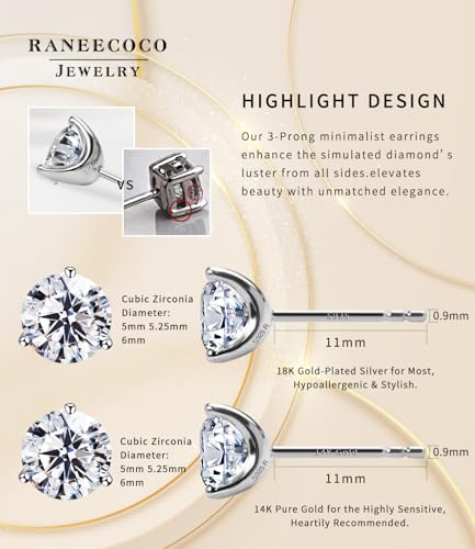 Raneecoco "STUNNING FLAME" 18K Gold Plated Silver Brilliant Cut Simulated Diamond Cubic Zirconia Stud Earrings(yellow-gold-plated-silver, 1.5) - Image 3