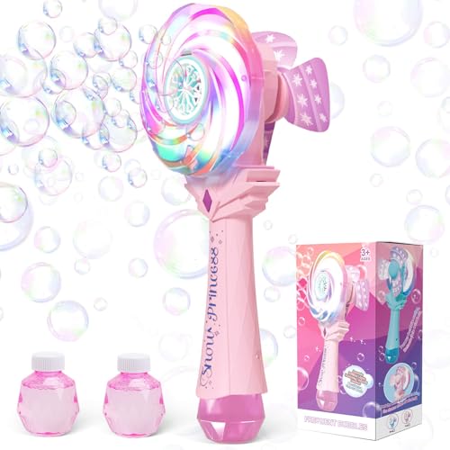 Britik Bubble Wands for Kids Age 48 Windmill Light Up Automatic Bubble Machine Rechargeable With 2 Bubble Solution Outdoor Party Birthday Toys for Toddlers Gift for 3 4 5 6 7 8 Year Old Girls Pink - Image 1