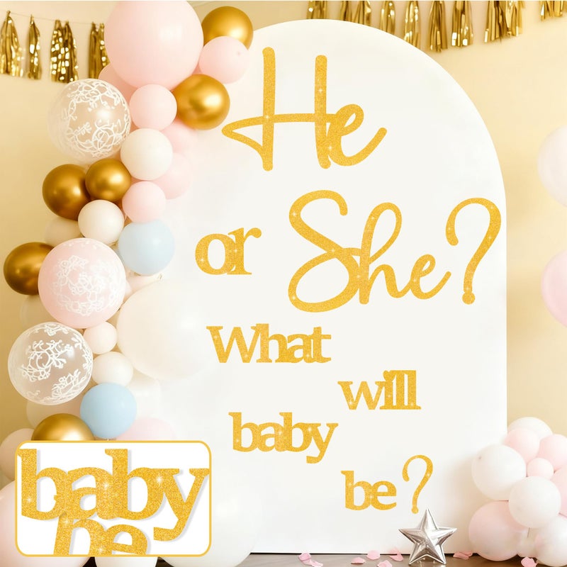 kokolap Golden Glitter Paper Gender Reveal Decals for Backdrop Large Oh Baby Shower Party Sign He or She What Will Baby Be Balloon Arch Decor Girl or Boy Letters Cutouts Sticker Pregnancy Party Banner Ideas - Image 1