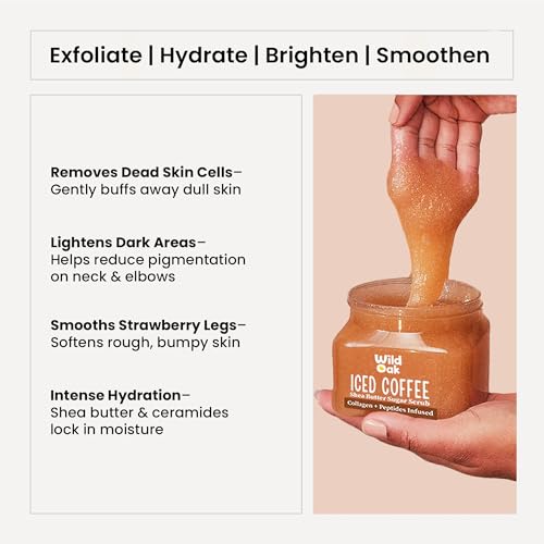 WILD OAK WildOak Iced Coffee Sugar Body Scrub | 300g | Kojic Acid, Hyaluronic Acid, Ceramides, Collagen & Peptides | De-Tan & Brightens Dark Areas | Smooths Strawberry Legs & Arms | Hydrates & Exfoliates - Image 3