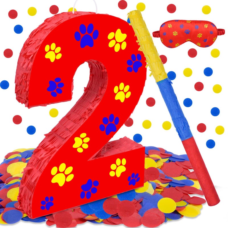 Lcoor Dog Paw 2nd Birthday Decorations Dog Paw Printing Number 2 Piata with Blindfold Stick and Confetti for Red Dog Paw Birthday Party Supplies red dog paw 2nd - Image 3