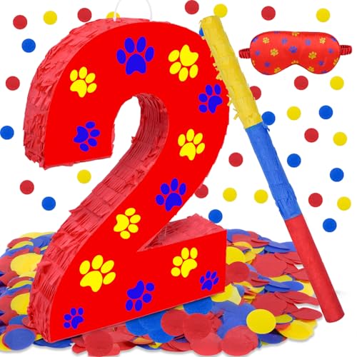 Lcoor Dog Paw 2nd Birthday Decorations Dog Paw Printing Number 2 Piata with Blindfold Stick and Confetti for Red Dog Paw Birthday Party Supplies red dog paw 2nd - Image 1