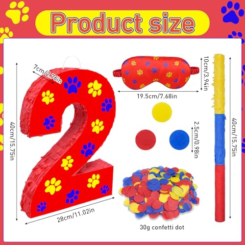 Lcoor Dog Paw 2nd Birthday Decorations Dog Paw Printing Number 2 Piata with Blindfold Stick and Confetti for Red Dog Paw Birthday Party Supplies red dog paw 2nd - Image 5