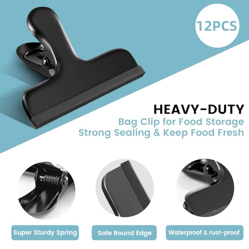 HOUSE AGAIN 12 Pack Stainless Steel Chip Bag Clips Covered with Silicone - NO More Sharp Edges - Color Coded for Food Bags - Air Tight Seal, Heavy Duty for Kitchen and Office, 3 Inches Wide, Black - Image 4