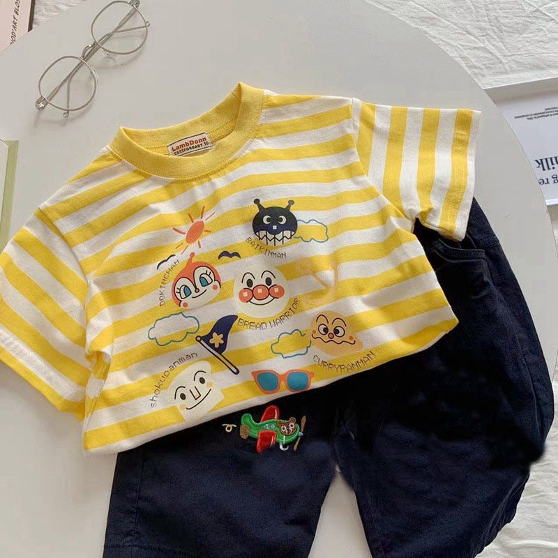 100 Cotton Summer Boys' Short-Sleeved T-Shirt Cartoon Striped Girls' All-Match Base Top - Image 5